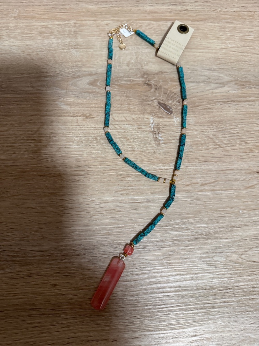 Anthropologie Teal Bead Necklace with Pink Pendant